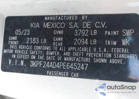 2023 Kia Forte Lxs z USA, uszkodzony, nr VIN 3KPF24AD4PE645247